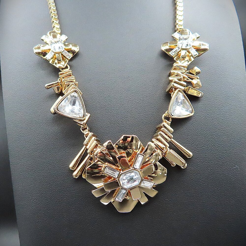 Geometric shaped Gold Tone Metal and Glass Statement Necklace